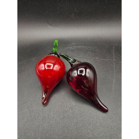 Hand Blown Art Glass Red Chili Peppers with Green Stem - Picture 1 of 4